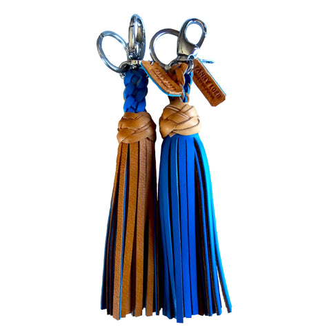 FANNY TASSEL KEYRING TAN & CERULEAN