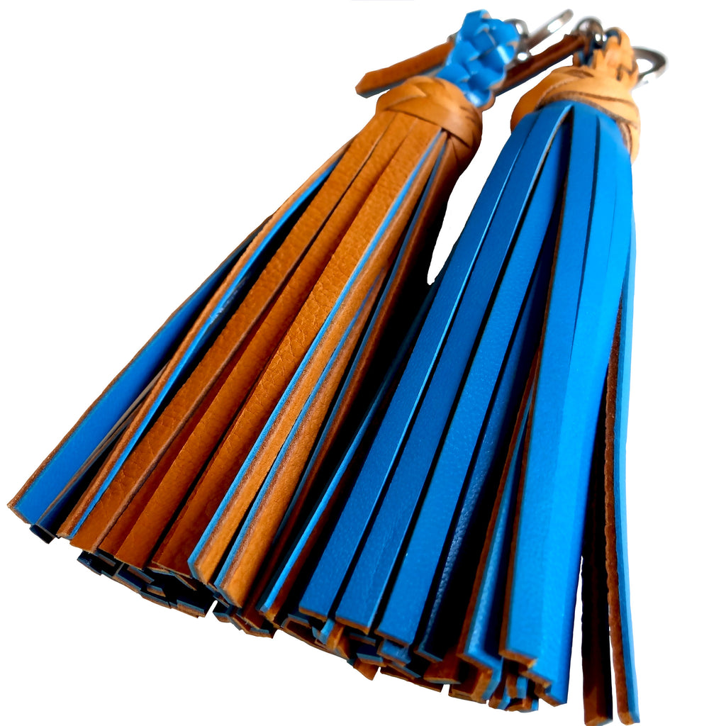 FANNY TASSEL KEYRING TAN & CERULEAN