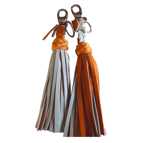 FANNY TASSEL KEYRING TAN & SEA FOAM